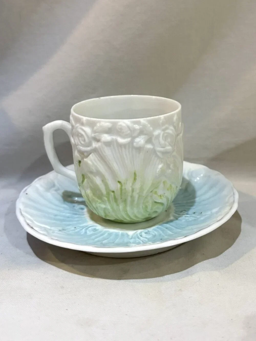 Antique Porcelain Teacup and Saucer Set Embossed Floral Aqua Blue Mint Green